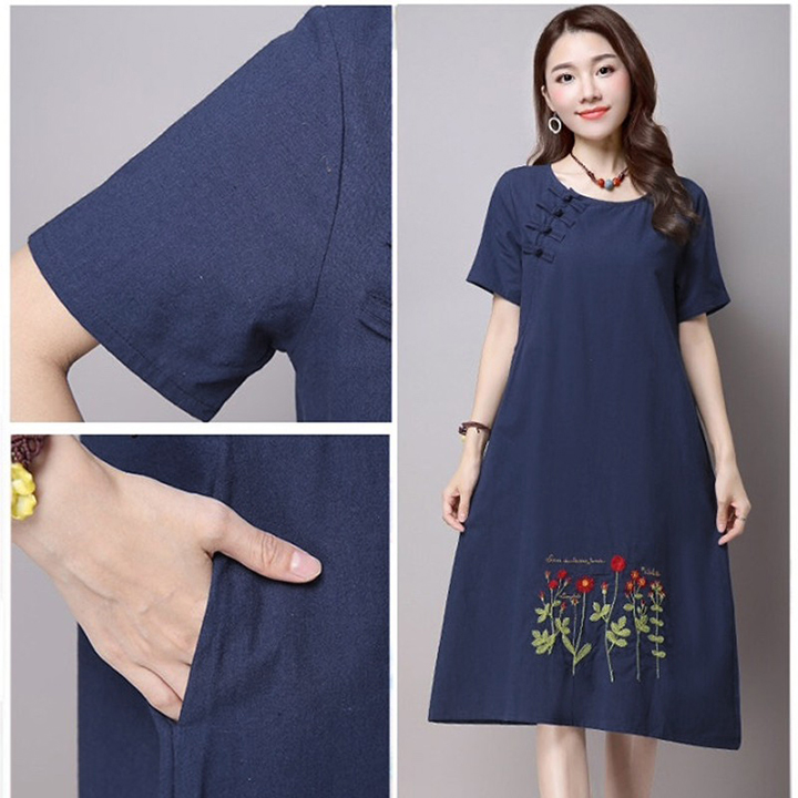 ĐẦM JEAN SUÔNG FORM A ĐÍNH NÚT TÀU THÊU HOA - NJ2814